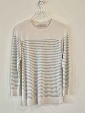LOFT Women's Cream and Light Gray Striped Crewneck Sweater Tunic